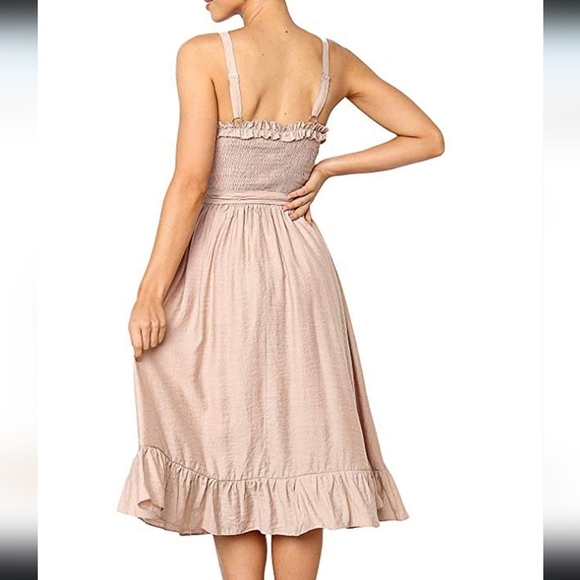 Blu Ivy Smocked Ruffle Midi Dress Beige Latte Cottagecore Bohemian Summer Beach - Picture 3 of 16